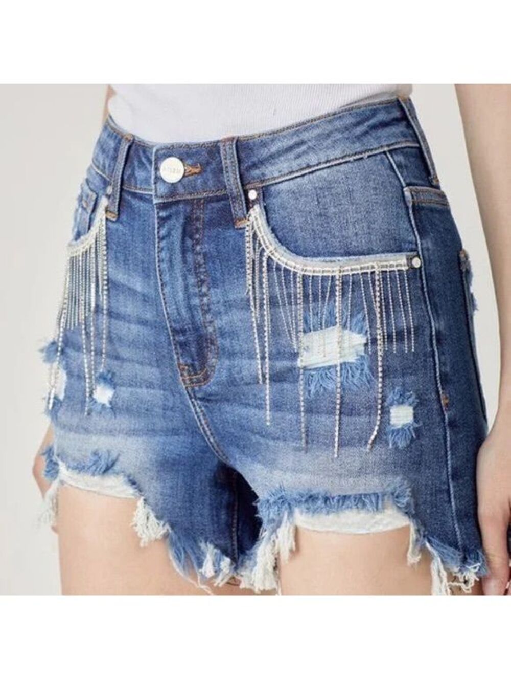 Risen High-Rise Rhinestone Fringe Denim Shorts Size XL